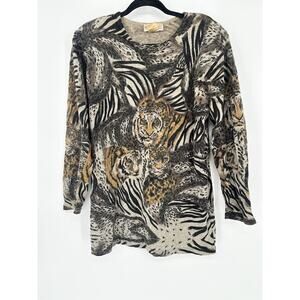 Vintage Michelle Nichole Tiger Sweater Lambswool Angora Animal Jungle Size Large